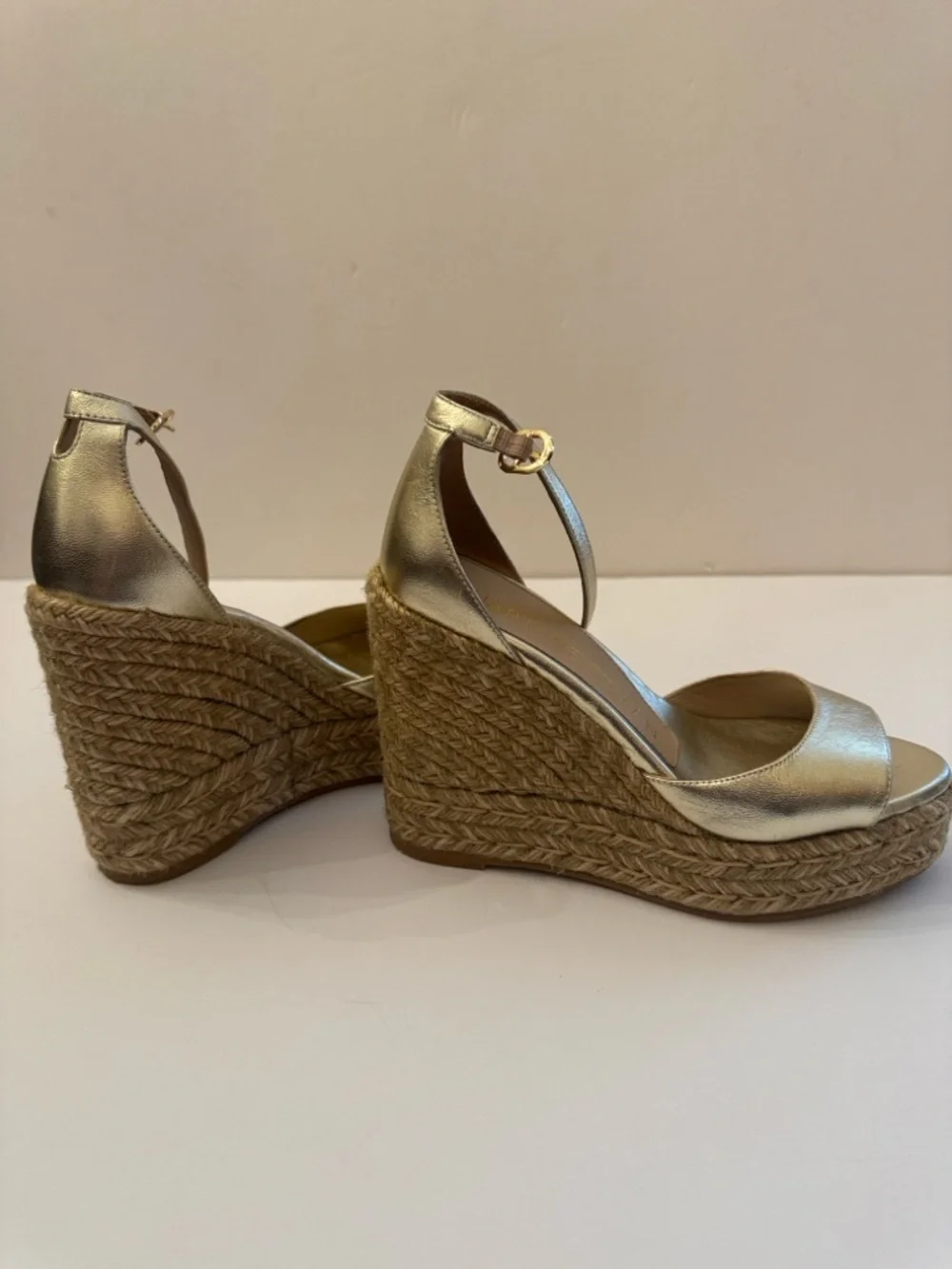 Stuart Weitzman Nudistcurve Metallic Gold Espadrille Wedge Sandals w/Ankle Strap - Picture 10 of 16